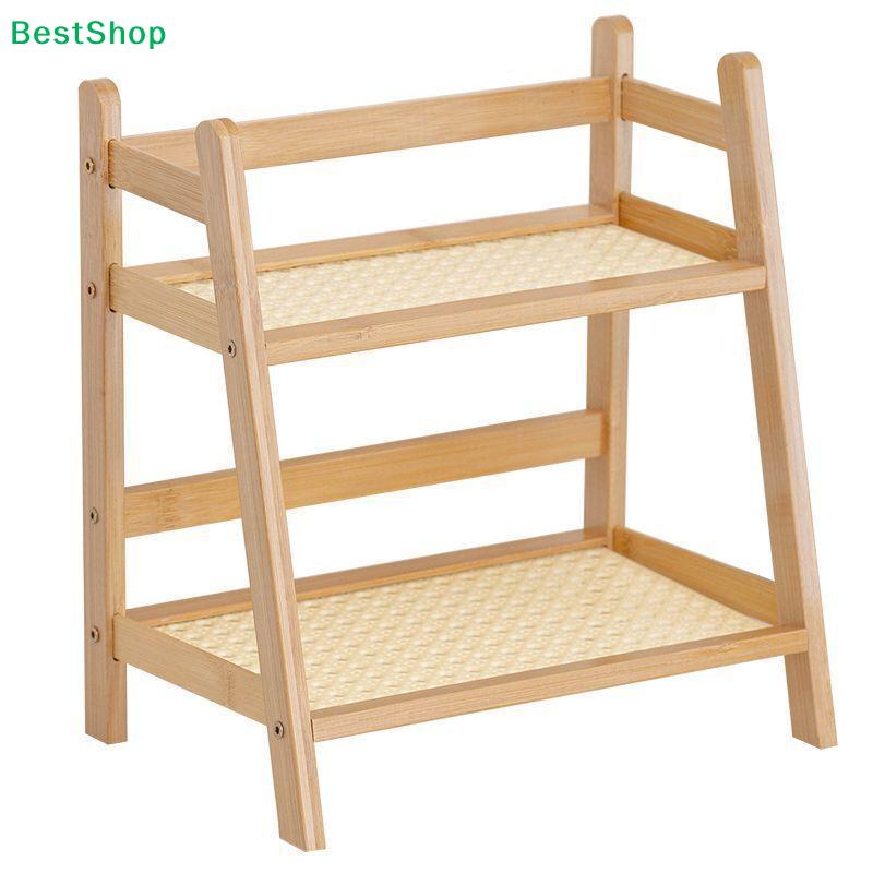 2-Tier Bamboo Ladder Shelf - Natural Wood Storage Rack with Rattan Shelves, Decorative Organizer for Bedroom/Living Room