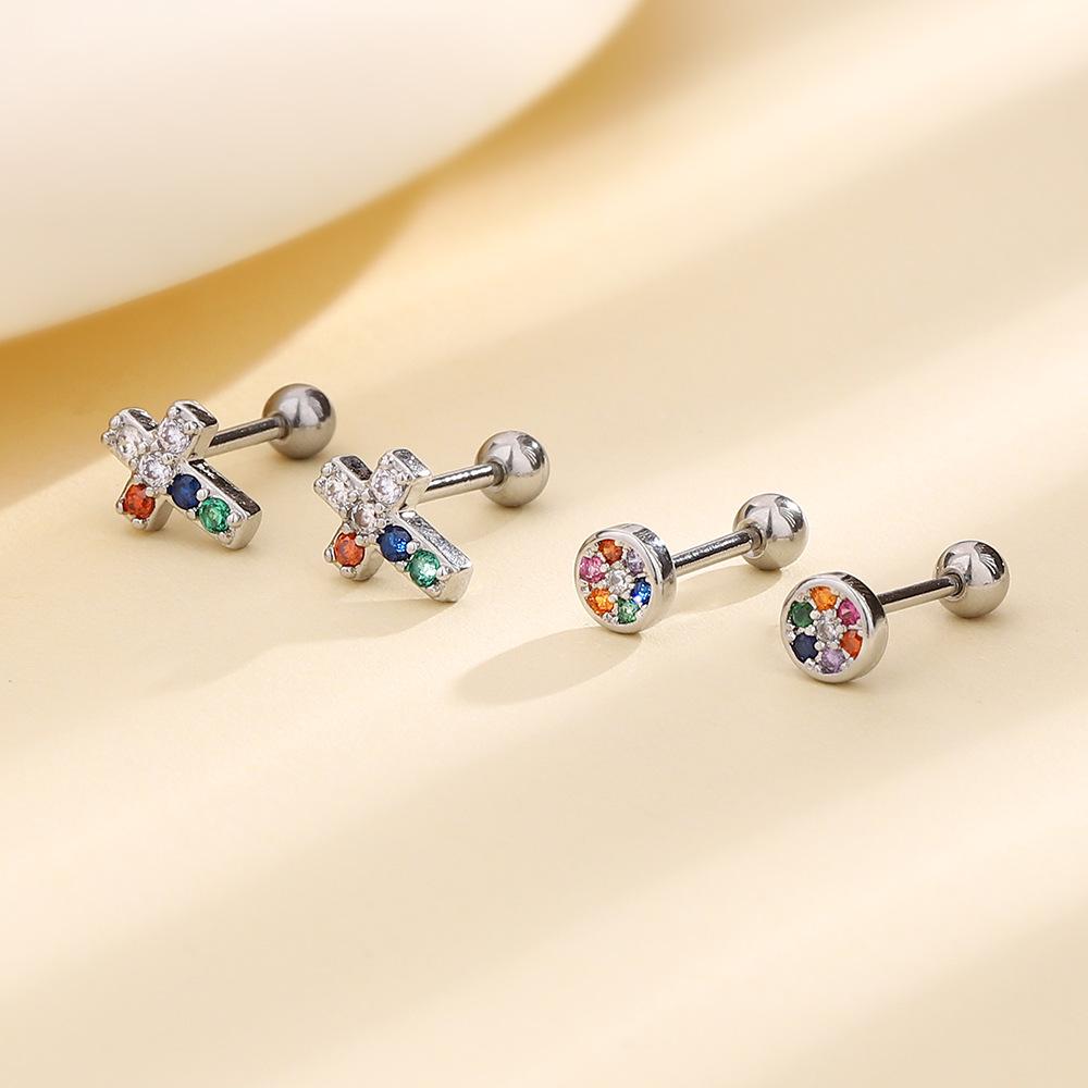 Punk Style Zircon Cross & Moon Stud Earrings with Round Diamond and Screw-Back Design
