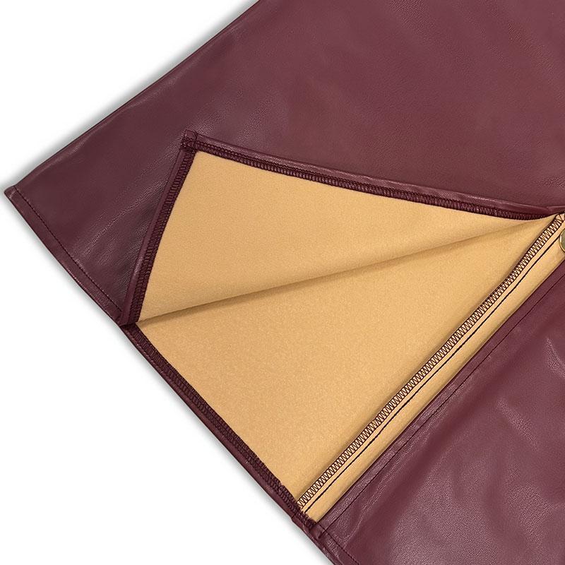 Women's Burgundy Faux Leather Midi Skirt High Waist Front Zipper Slit Pencil Skirt with Pockets Biker Chic