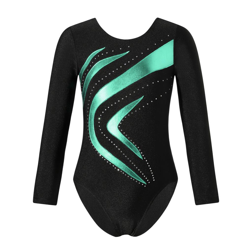 Girls Long Sleeve Round Neckline Shiny Rhinestone Bronzing Cloth Patchwork Slim Fit Dance Leotard