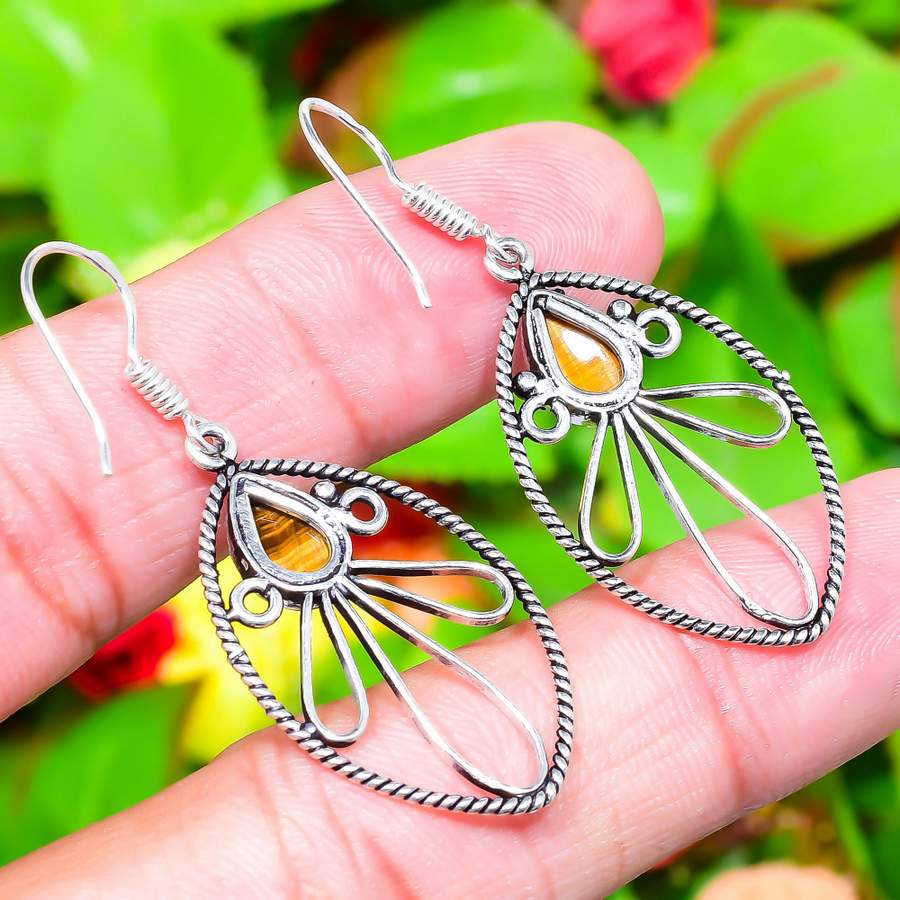 Natürlicher Tigerauge Edelstein Handgefertigt 925 Sterlingsilber Ohrring 2.01" d7T35