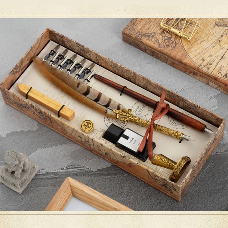 Exquisite Dip Pen Set Wax Stick Set Calligraphy Feather Pen Kit 10Pcs Replacement Nibs for Invitations Letters Writing
