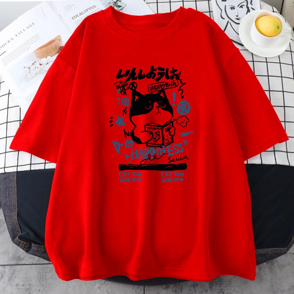 

Japanese Kanji Cat Girls Tshirt Women Short Sleeve Cotton Teeshirt Oneck Kawaii Graphic Printing Tees Streetwear Female Shirt S