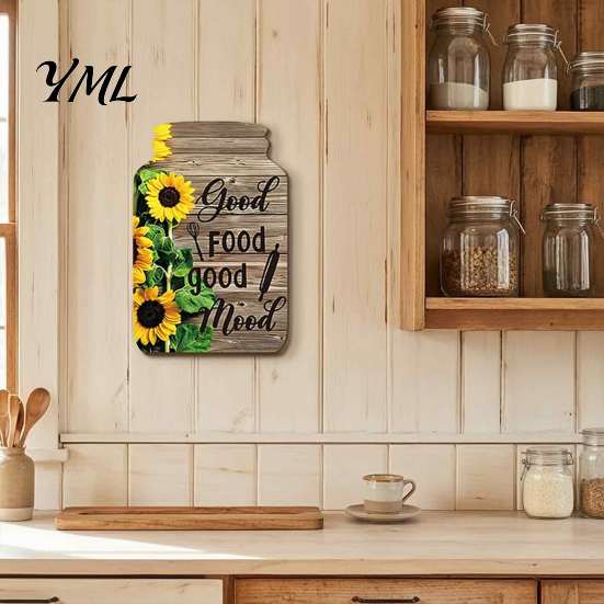 Decorative Signs for Kitchen Mason Jar Shape Wall Decoration, Wooden Art with Sunflower Print, Hanging Plaques Retro Rustic Decor Farmhouse