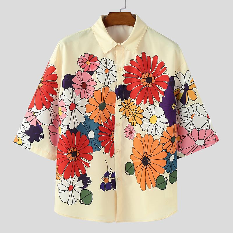 

INCERUN Oversized Men Turn Down Collar Casual 3/4 Sleeve Buttons Floral Print Holiday Shirts Tops M бежевый