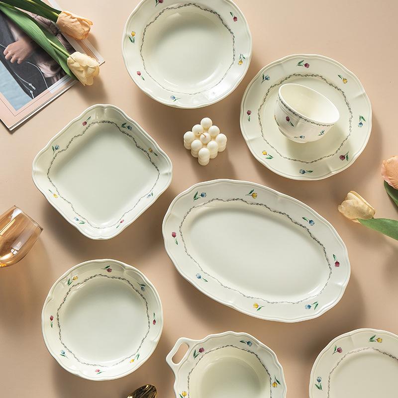 Victoria High-Value Tableware, Small Flowers, Fresh Ceramic Bowls, Household Plates, Large-Capacity Soup Bowls, Binaural Bowls