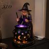 Halloweenowa Statuetka Kociołka Czarownicy ze Świecącym Kociołkiem, Zasilana przez USB Żywica Czarna Kreatywny Prezent dla Przyjaciół Figurka Garnka Zielona/Fioletowa LED