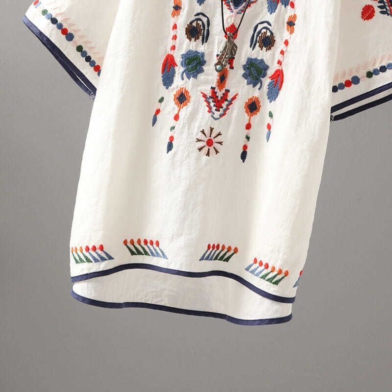 Vintage Cotton Linen Embroidered T-Shirt for Women Round Neck Short Sleeve Casual Plus Size Blouse