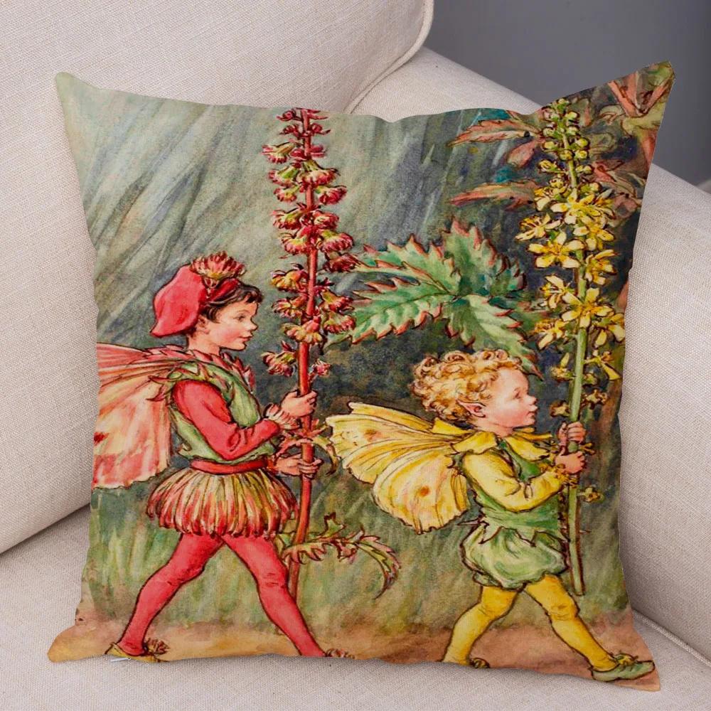 Vintage Cartoon Elfen Kissenbezug Dekor Bunte Märchenwelt Kissenbezug Plüsch Blumenmädchen Kissenbezug für Sofa Zuhause