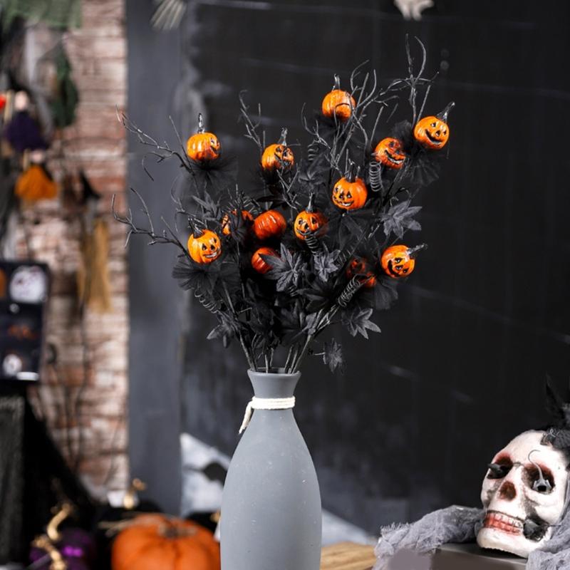 Halloween Plant Arrangement Realistic Flower Stem with Artificial Pumpkin and Black Leaf for Party Table Centerpieces