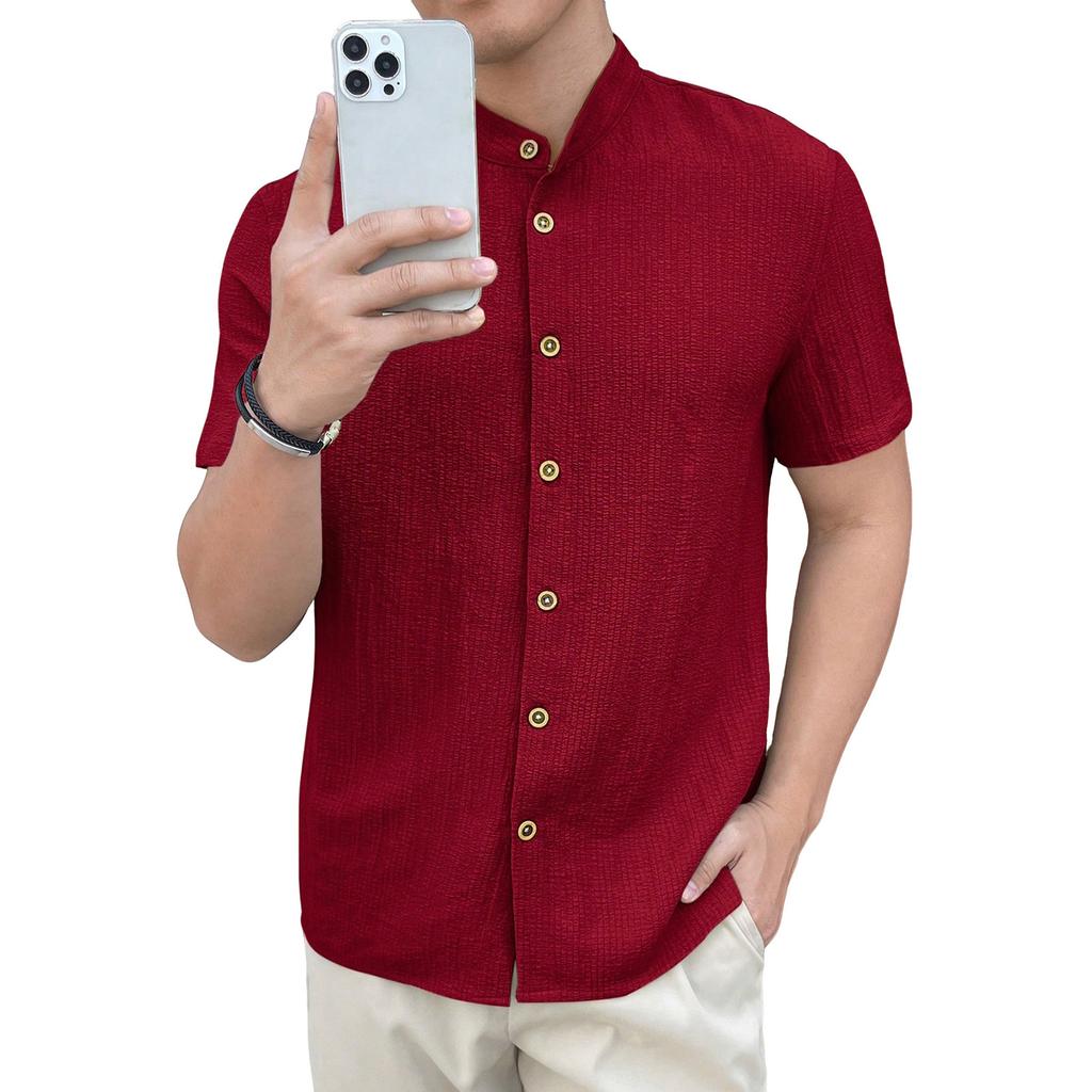 Men's Stand Up Collar Shirt Short Sleeved Top Men's Casual T-shirt Cardigan Top