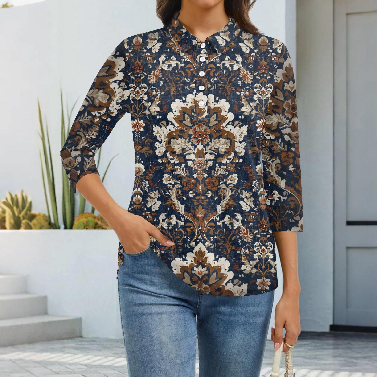 

Женская модная повседневная рубашка с лацканами и рукавом 3/4 с принтом, женские топы на пуговицах L