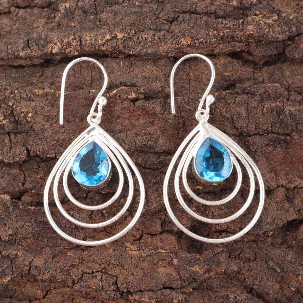 Natural Swiss Blue Topaz Gemstone 925 Sterling Silver Handcrafted Earrings 1.80" EE-31-2