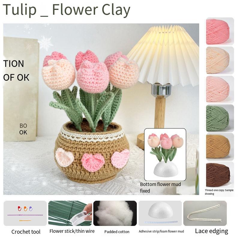 Fleur crochetée Produit fini Tissé Tulipe Marguerite Bouquet de fleurs en pot Fil Crochet Matériau Sac Décoration Fleur