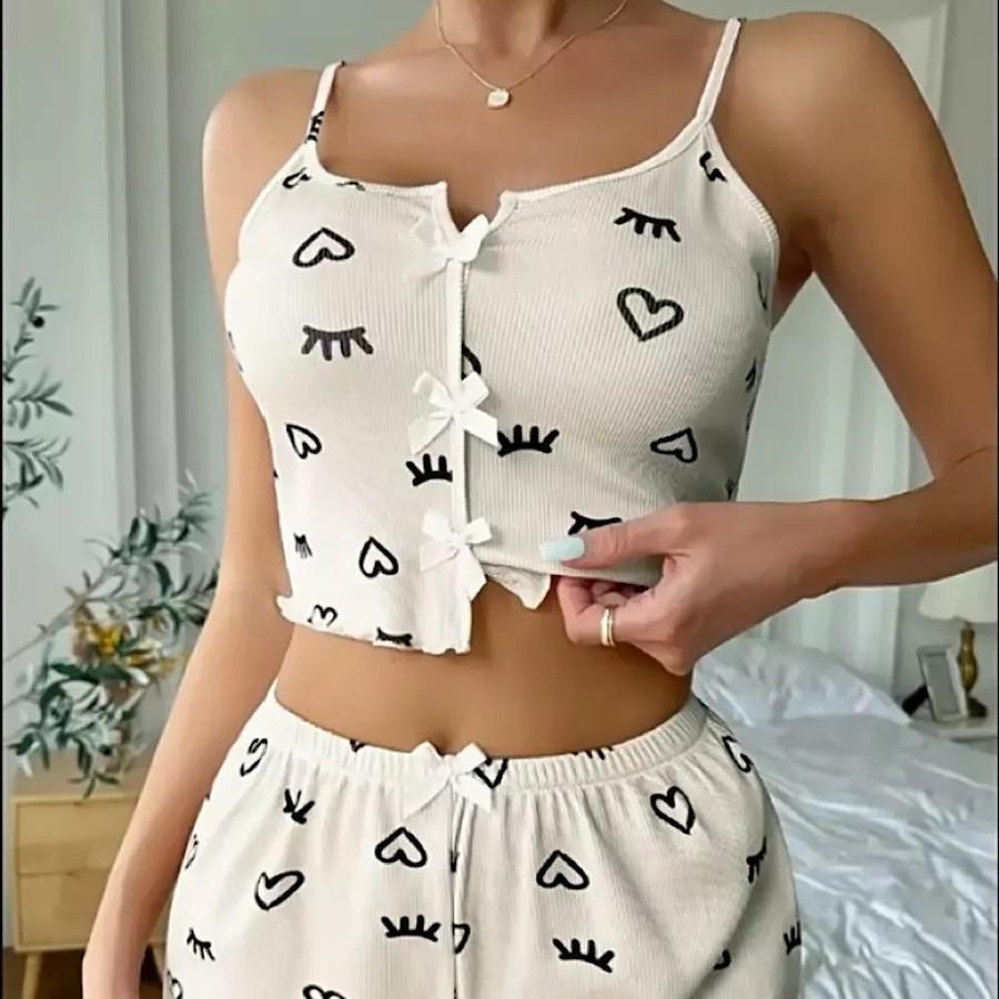 Ensemble pyjama camisole à imprimé cœur et nœud - Ensemble deux pièces confortable en côtes pour la détente