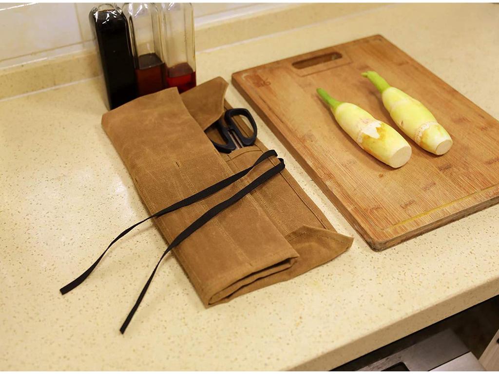 Portable Waxed Canvas Knife Storage Bag for Chefs and Outdoor Activities