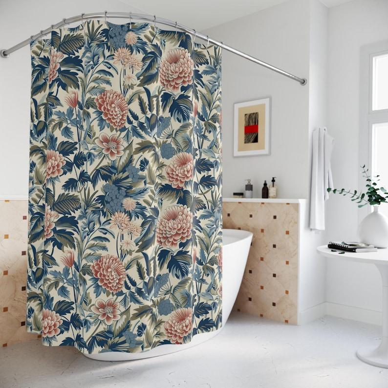 Whimsical Dahlia Shower Curtain - Botanical Ferns Design, Blue & Beige Vintage Floral, Inspired by Thibaut W90xH180cm