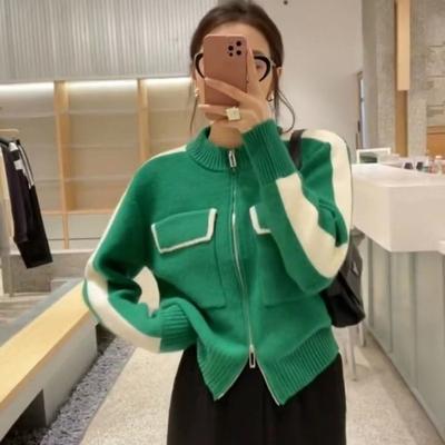Pullover Strickjacke weiblich Herbst und Winter Doppeltasche Reißverschluss Blockpullover koreanische Langarm-Allgleiches-Strickjacke weiblicher Mantel