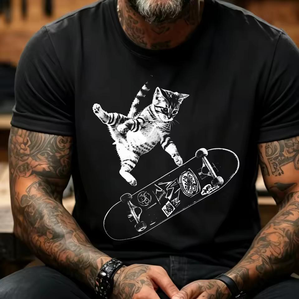 Retro Skateboarding Cat Graphic T-shirt High Quality Prue Cotton Tees for Men Women Unisex Street Tee Aesthetic Men Clothing Top