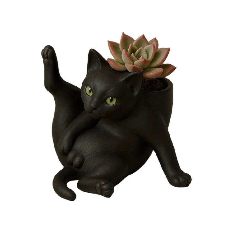 Cats Themed Resin Flower Pot with Drainage Holes Indoor Outdoor Decorative Planter For Small Plant Cactuses Herbs