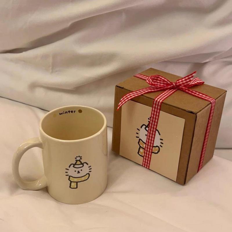 Trendy Cartoon Kitten & Puppy Couple Ceramic Breakfast Mug - Cute Birthday Gift Cup Only [Gift Box + Card]