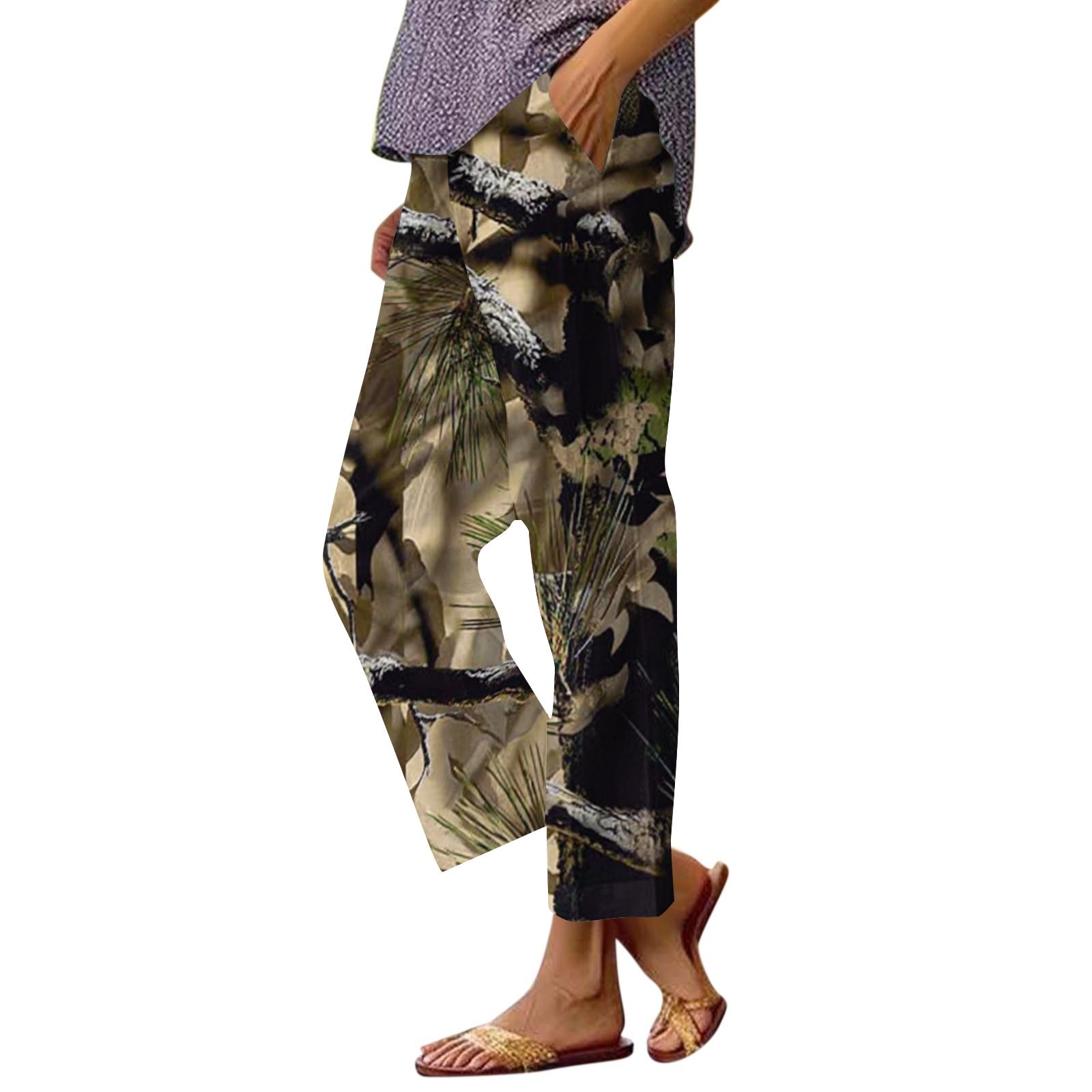 

Women s fashion printed pocket elastic waist casual pants L коричневый