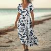 Fashion Women's Summer V-Neck Short Sleeve Floral Print Beach Dress