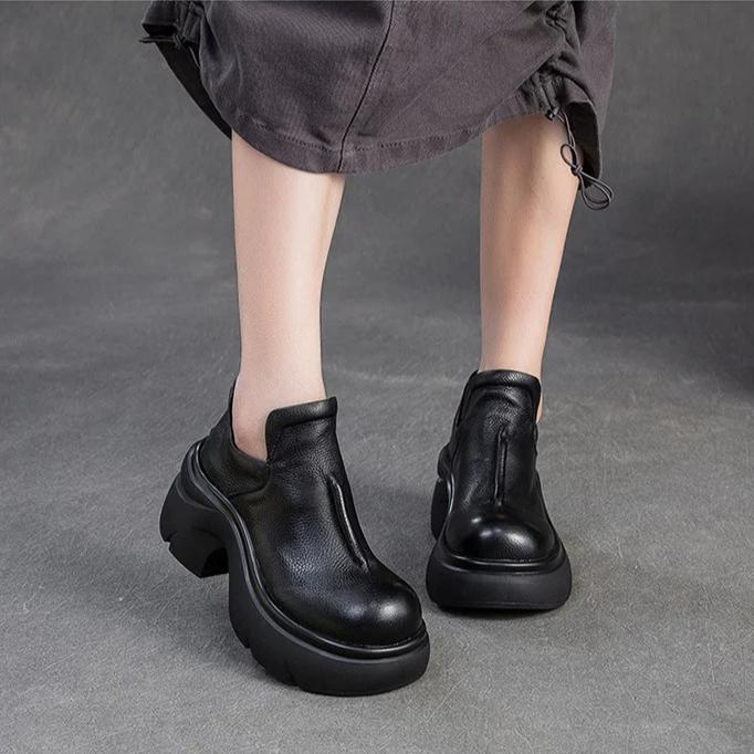 Johnature Retro Genuine Leather High Heels Pumps Commuting Comfort And Versatile Women's Platform Shoes