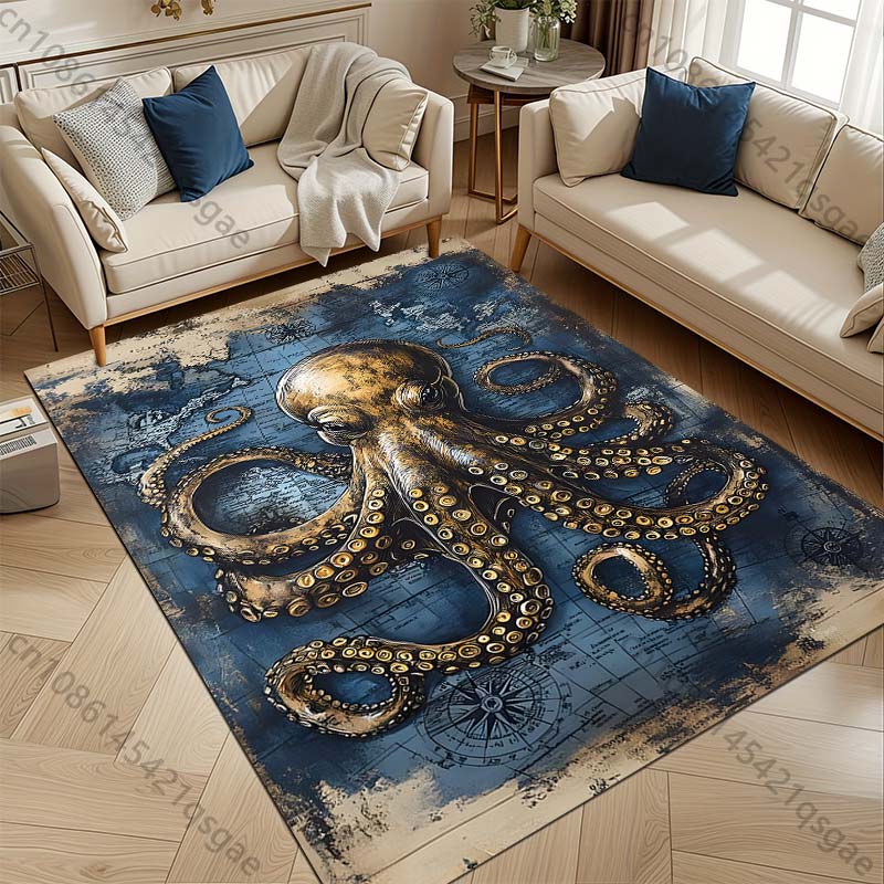 Multiple Sizes Vintage Octopus Map Background Carpet for Living Room Bedroom Sofa Home Decor Rus Non-slip Floor Mat Luxury Gift