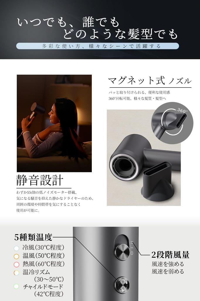 NISSYO Japanese Product 2024 New Quick Large Air 200 Million Negative Low Large Wind Cold Hair High Speed Hair Beautiful 8 Static Comes with Gray