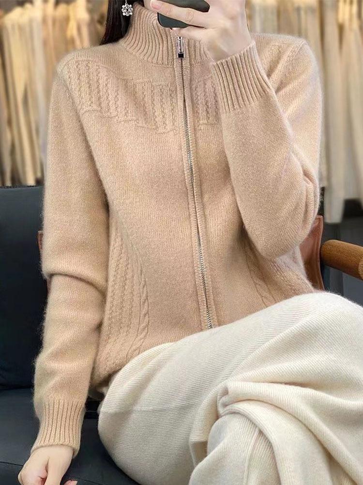 Cardigan Retro Tricotat cu Fermoar pentru Femei - Gât Semi-Înalt, Croială Largă, pentru Toamnă/Iarnă 2024.