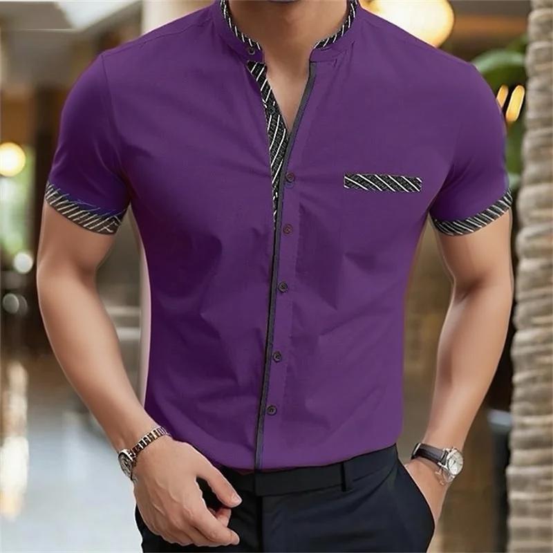 

Summer Men Short Sleeve Stand Collar Shirt Men Casual Fashion Stripe Stitching Shirt Tops 5XL темно-фіолетовий колір