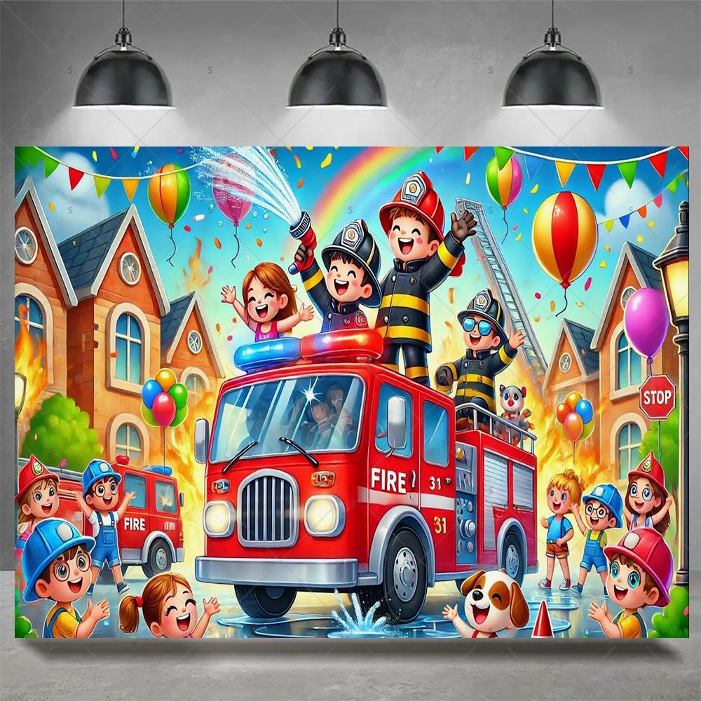 Firefighter Firetruck Theme BackgroundRed Fire Truck Children Boy Birthday Party Decor Baby Shower Photography Backdrop Props