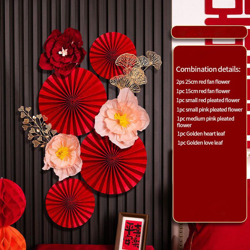 6PCS Red Hanging Paper Fan Chinese New Year Wedding Paper Fans Set Flower Paper Craft Background Wall Decor DIY Party Supplies