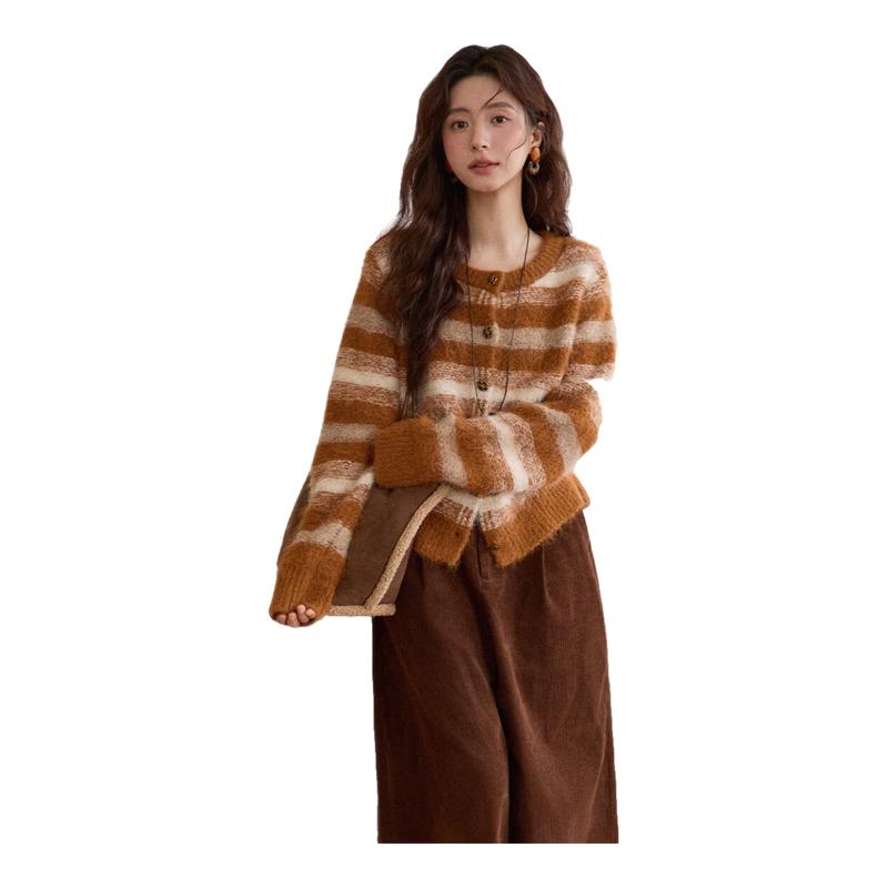 Mixiu Women s Warm Orange Striped Knit Cardigan M