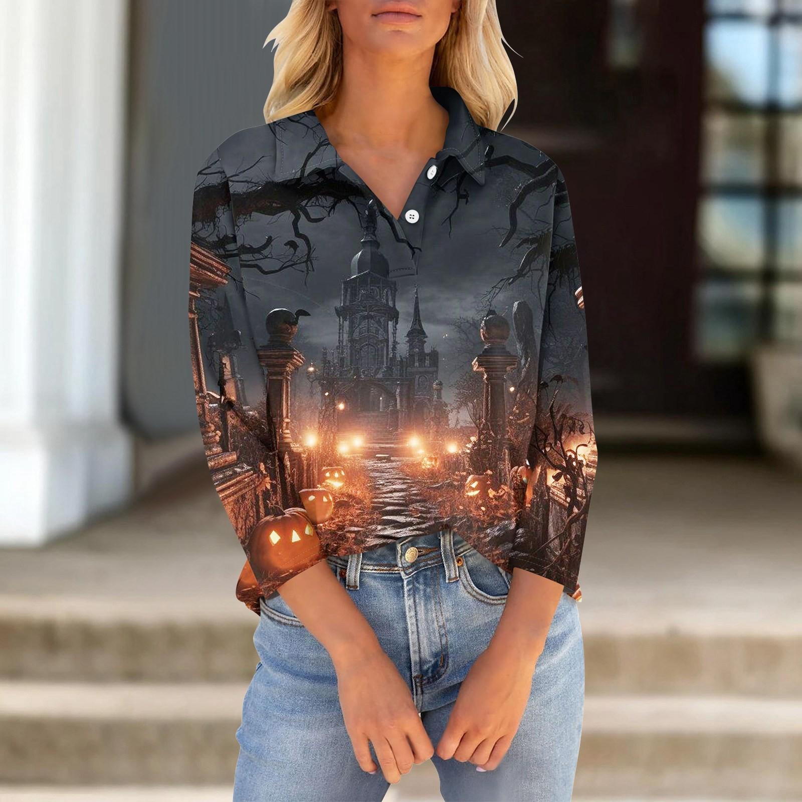 

Женская футболка с рукавами семь четвертей, V-образным вырезом, застегивающаяся на пуговицы, с принтом свободного кроя на Хэллоуин XL жёлтый