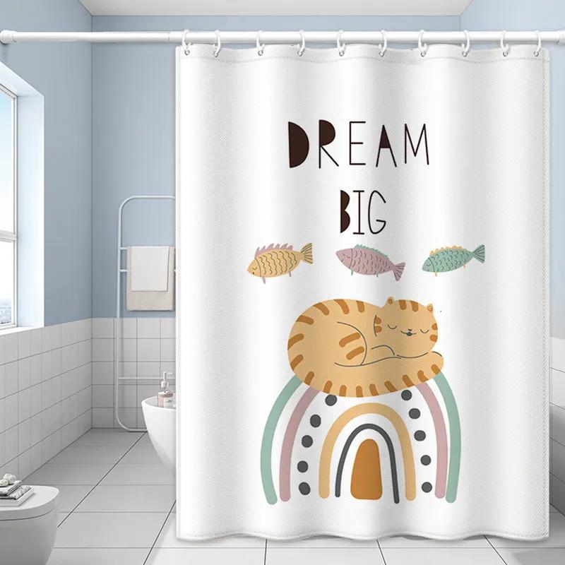 Cartoon Cute Cat Shower Curtain White Fabric Waterproof Polyester Bathroom Accessories Home Decor Bath Curtains Include Hooks