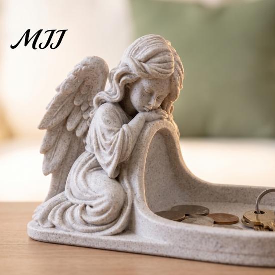 Imitation Stone Texture Tray Angel Figurine Key Tray, Faux Catchall Decorative Small Item Holder for Entryway Desktop Storage Dish Table Home