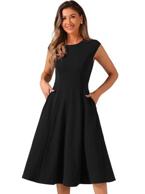 Allegra K Women's Cap Sleeve Office Dress, Elegant Nipped Waist, A-Line Dress, Black, Size S