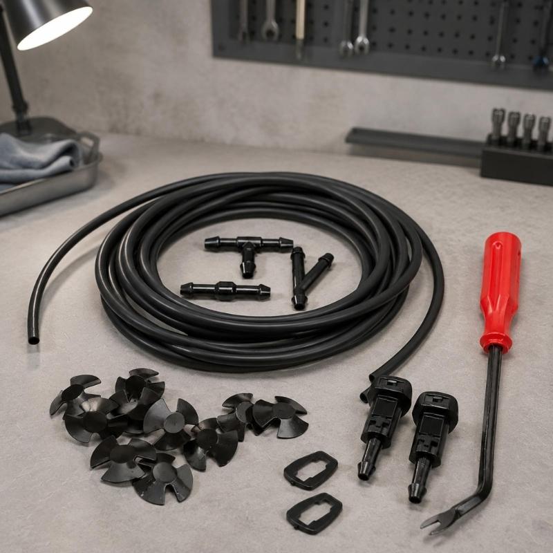 Washer Fluid Hose Repair Kit with Custom Length Rubber Tubing, Washer Nozzles and Nylon Branch Fittings for Windshield Hose Replacement