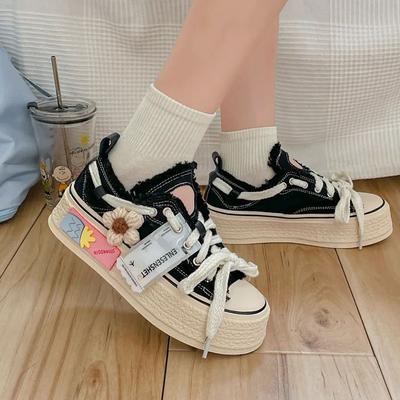 Platform coole canvas schoenen dames chunky sneakers rode schoenen streetstyle vrouw vetersluiting designer bloemen gympen gerafelde schoenen