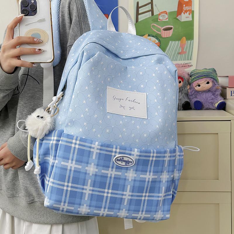 Plaid Backpack Junior High School Student Schoolbag Plaid Large Capacity Backpack