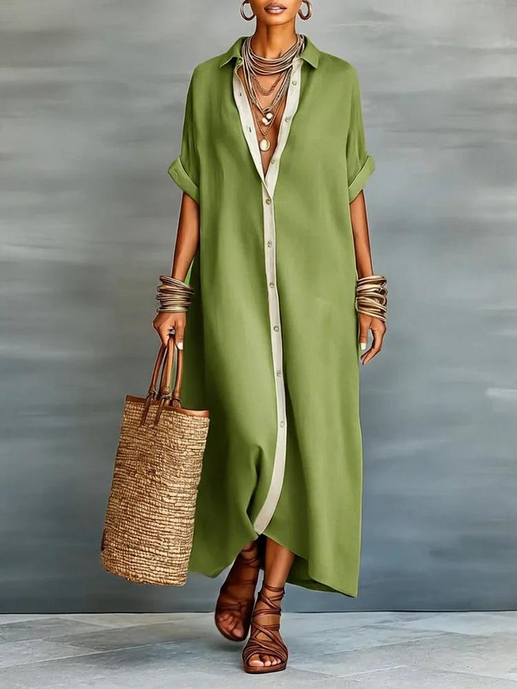 Spring 2026 Women's Color-block Cotton Linen Shirt Dress