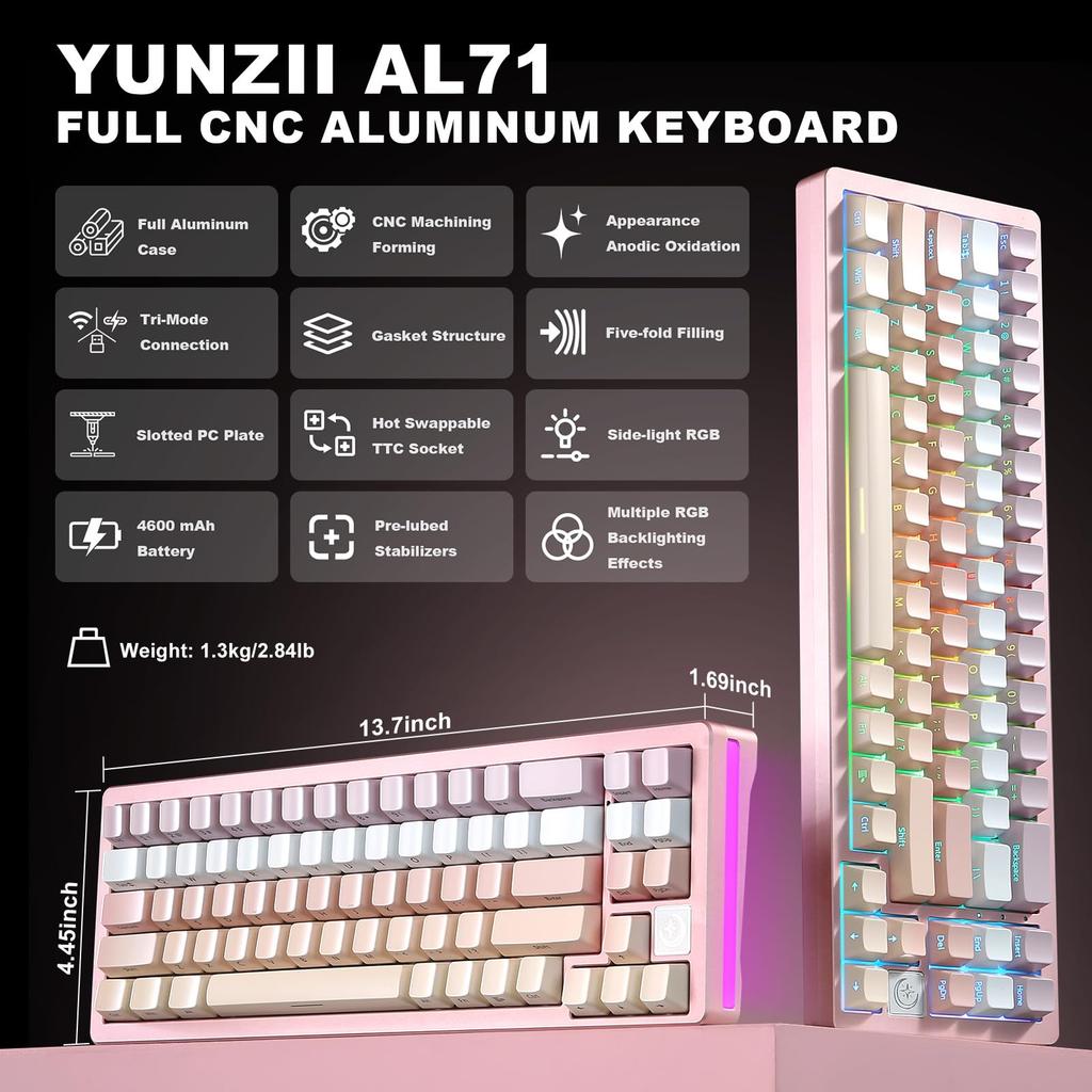 YUNZII AL71 Gaming Full Aluminum Mechanical NKRO Wireless RGB for Technical Standards Compliance Certified Mute 68% Keyboard, CNC, Hot-Swap, Wireless,