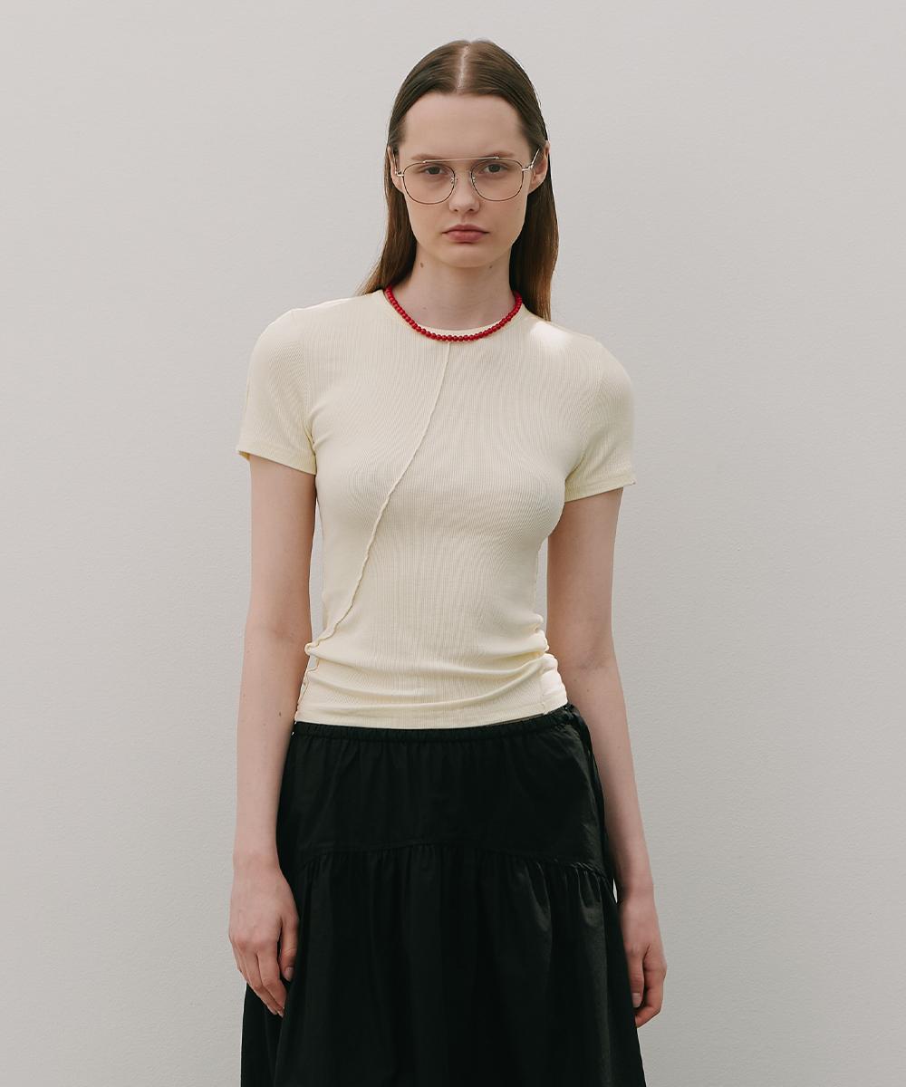 320 Showroom Back Cut-Out Diagonal Stitch Short Sleeve T Yellow One Size