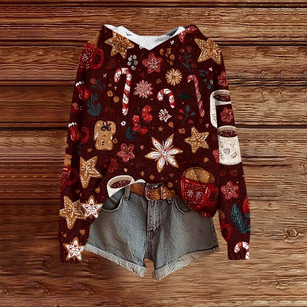Women's Fashion Casual Long Sleeve Christmas Print Hooded Knitted Sweatshirt