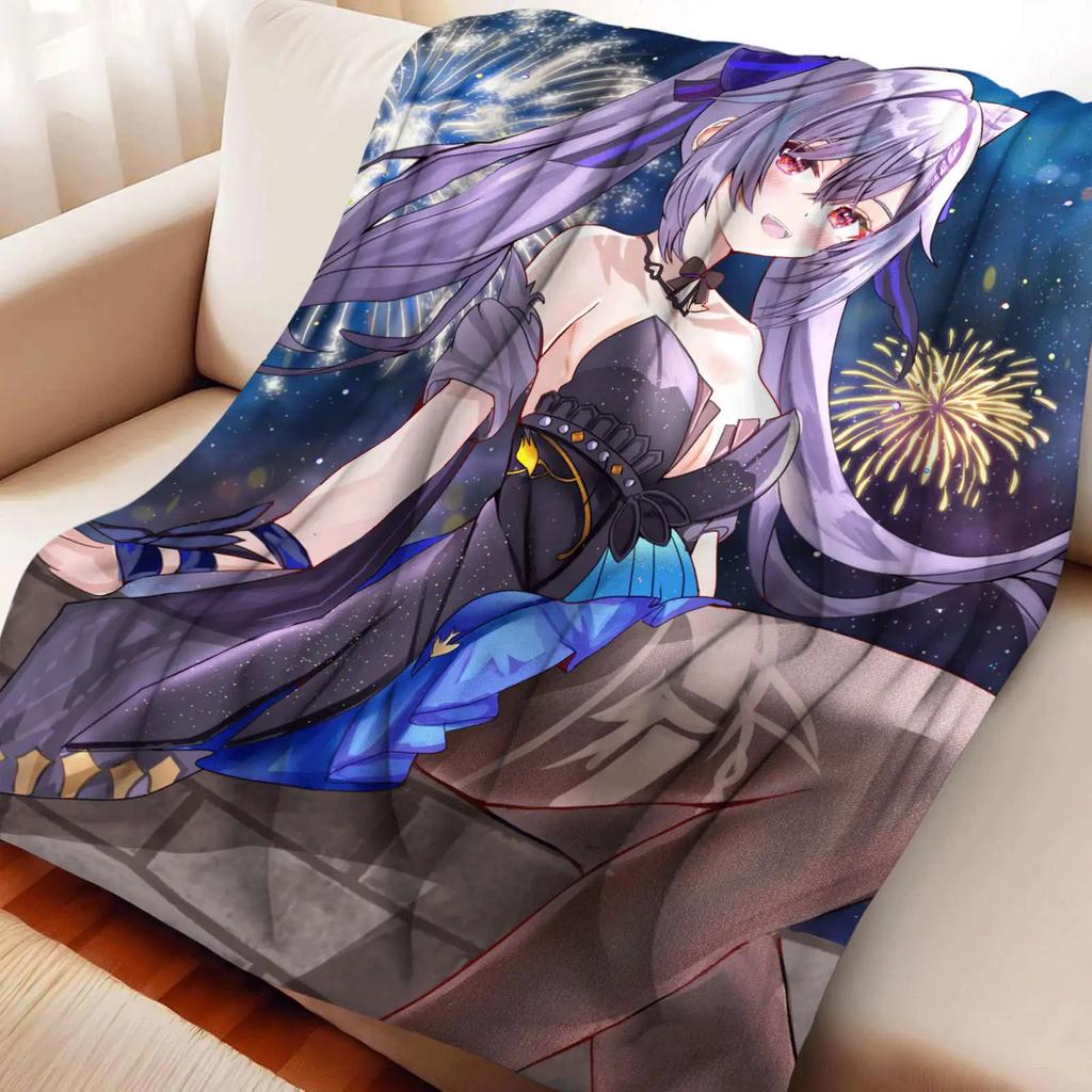 Cartoon Genshin Impact Keqing Flannel Blanket Cover Warmth Soft Anime Blanket Multifunctional Decor Home Universal Blankets