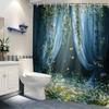 1Pc Serene Garden Shower Curtain With Blue Drapes & Butterflies - Sunlit Path Design, Tranquil Fairy-Tale Bathroom Decor, Machin