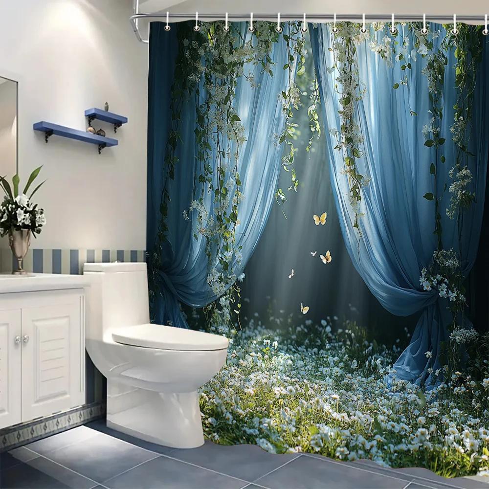 1Pc Serene Garden Shower Curtain With Blue Drapes & Butterflies - Sunlit Path Design, Tranquil Fairy-Tale Bathroom Decor, Machin