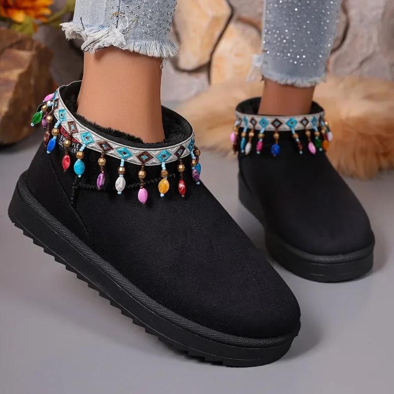 Fashion Size 44 Winter Cotton Shoes for Women 2024 New Bohemian Style Colorful Beaded Design Fashionable Women's Boots Botas De Mujer